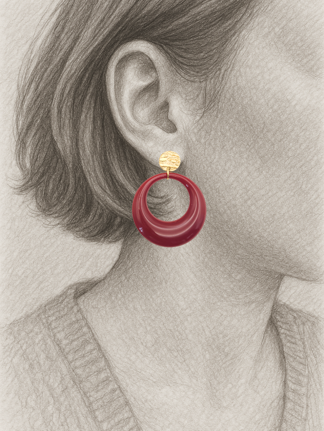 Ronde oorbellen wijnrood met goud