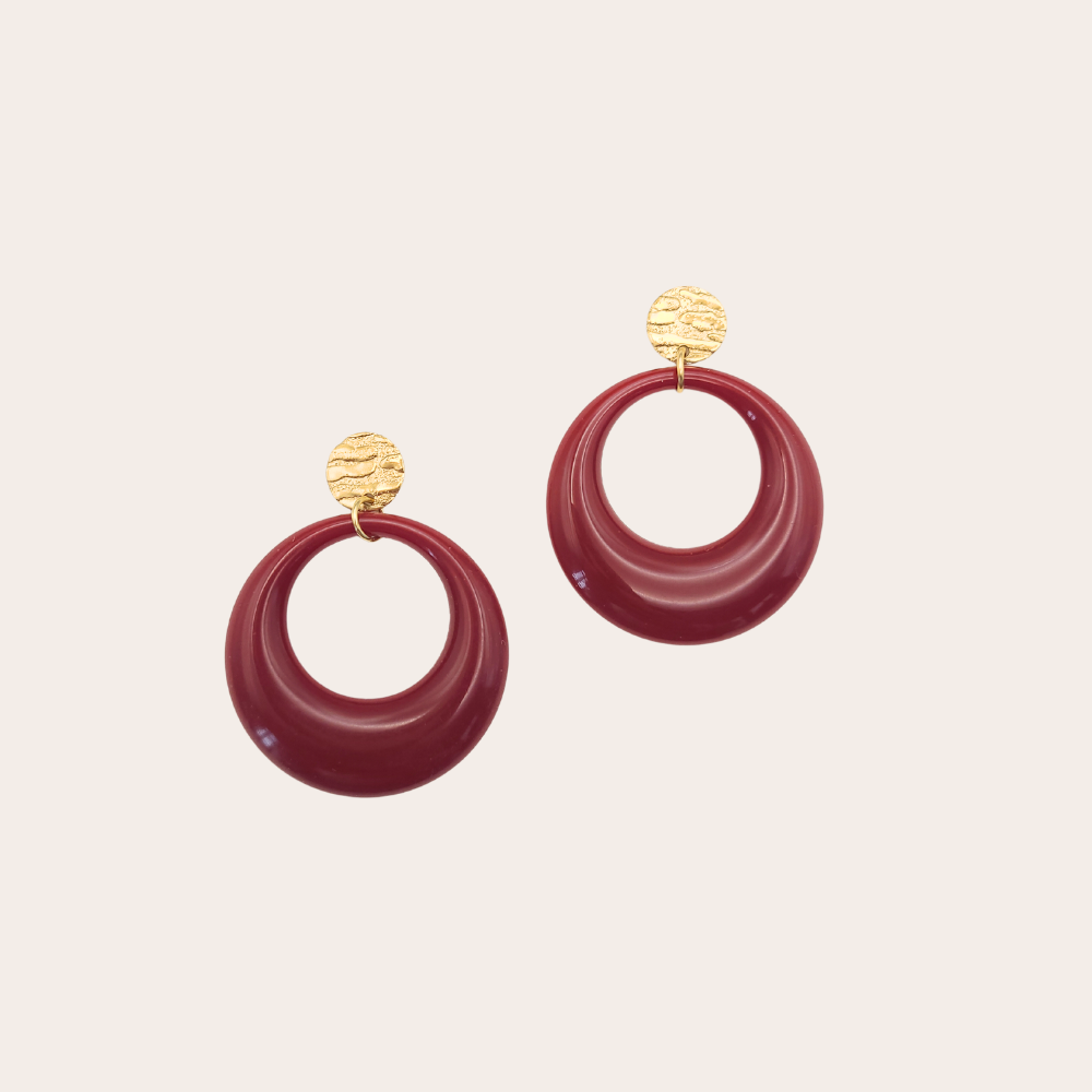 Ronde oorbellen wijnrood met goud