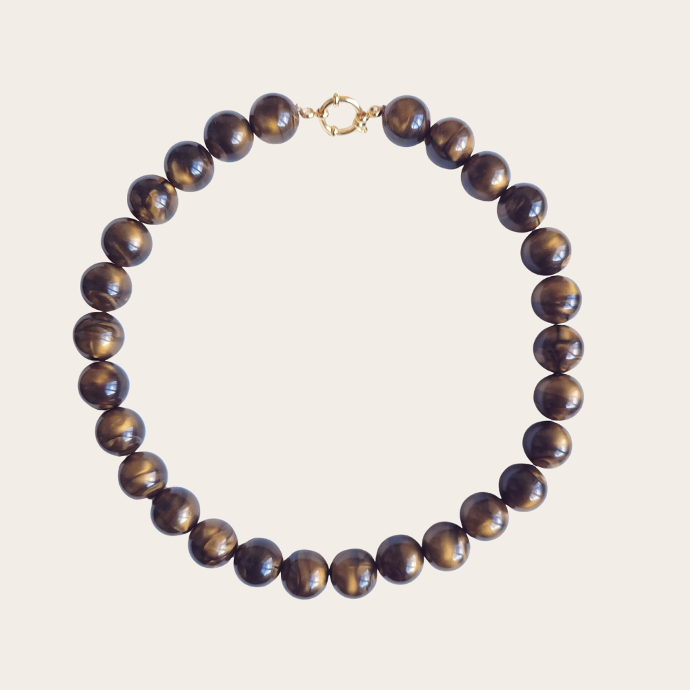 Statement ketting met grote kralen van 16 mm in bordeauxrood, bruin en groen marble